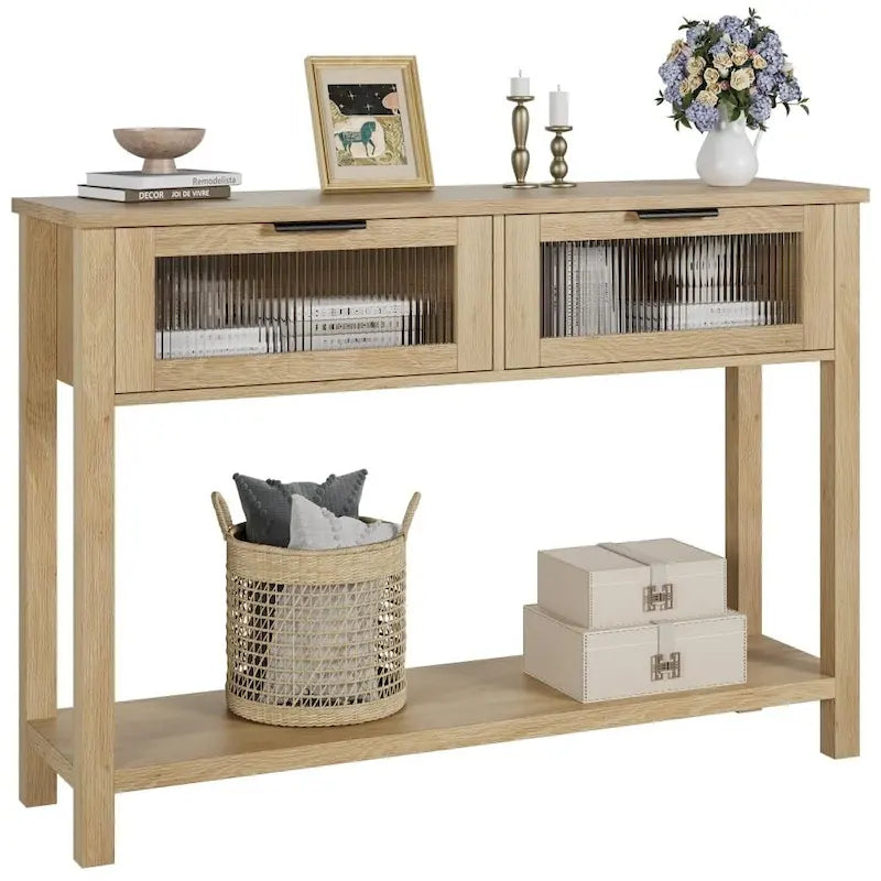 Farmhouse Console Table with 2 Glass Drawers & Shelf