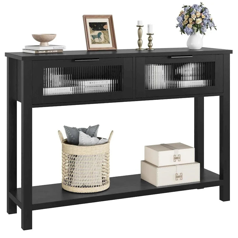 Farmhouse Console Table with 2 Glass Drawers & Shelf