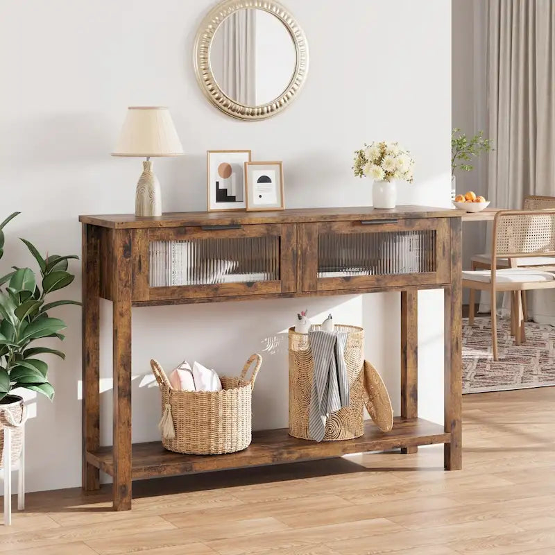 Farmhouse Console Table with 2 Glass Drawers & Shelf