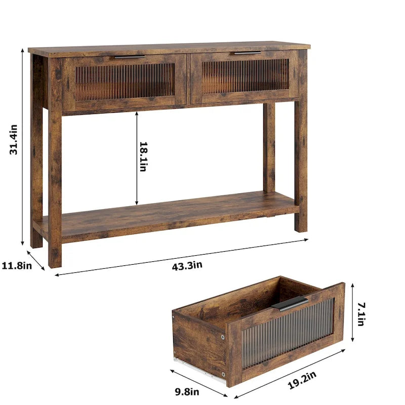 Farmhouse Console Table with 2 Glass Drawers & Shelf