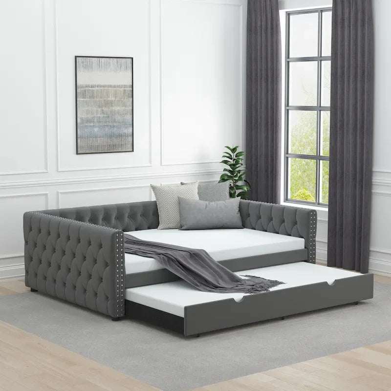 Grey Full Size Velvet Upholstered Daybed with Button and Copper Nails