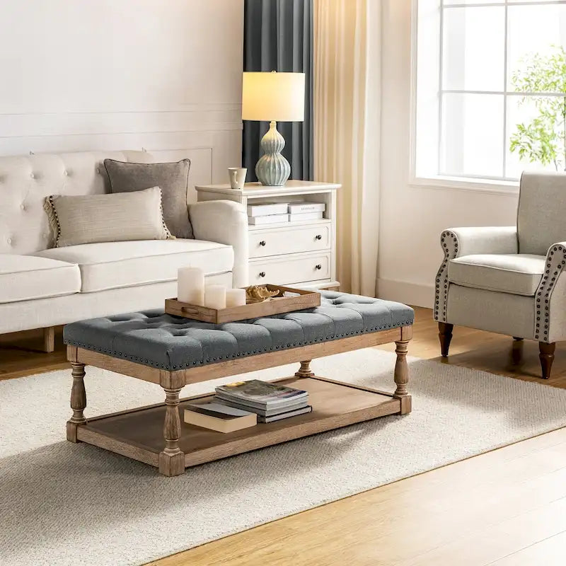Upholstered Traditional Rectangular Cocktail Ottoman with a Tray