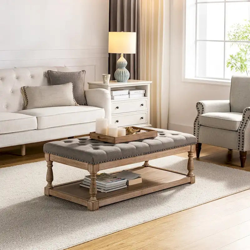 Upholstered Traditional Rectangular Cocktail Ottoman with a Tray
