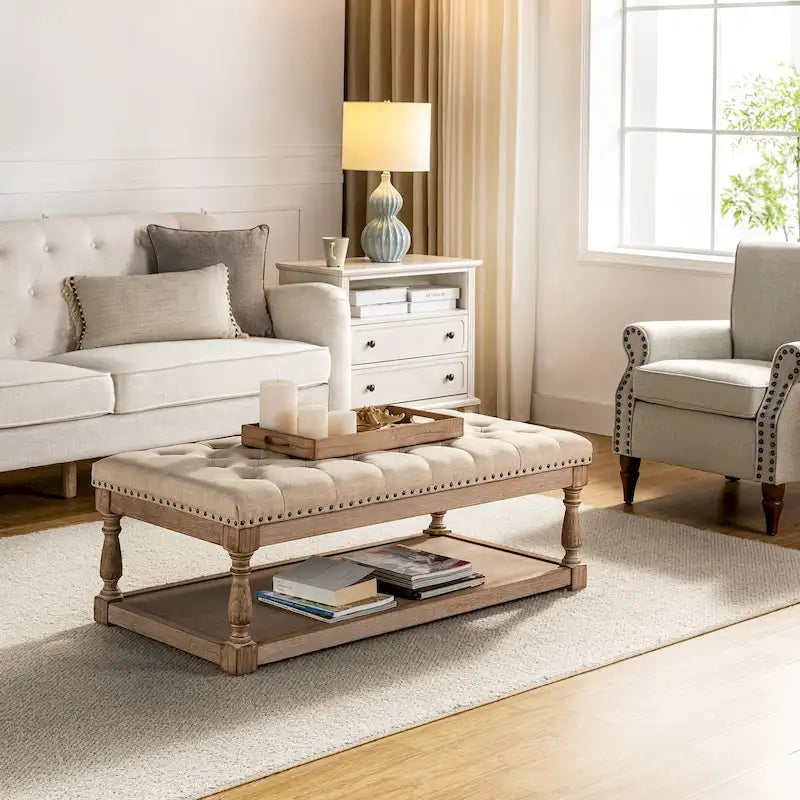 Upholstered Traditional Rectangular Cocktail Ottoman with a Tray