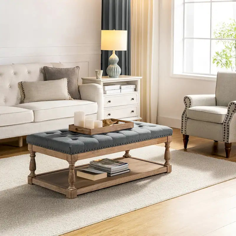 Upholstered Traditional Rectangular Cocktail Ottoman with a Tray