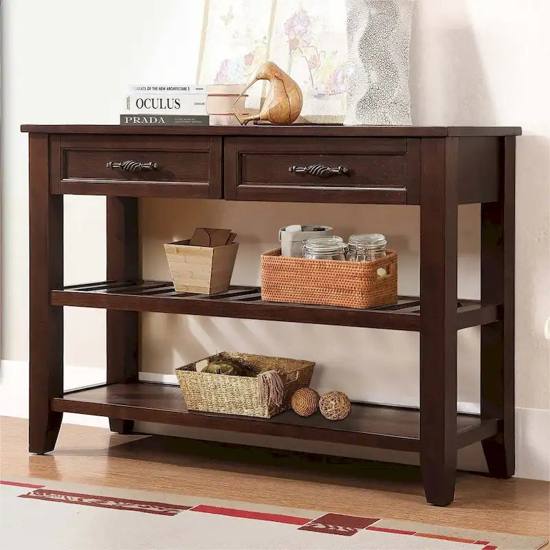 Mid-Century Style Console Sofa Table Solid Wood Buffet Sideboard with 2 Storage Drawers and 2 Tiers Shelves