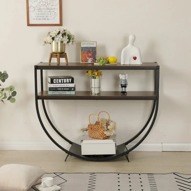 48 3-Tier Console Table Modern Sofa Table with Storage Shelves Arc-Shaped Table