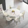 53 Round Dining Table for 6, Modern White Sintered Stone Tabletop with Lazy Susan