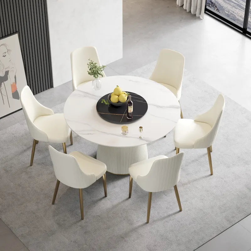 53 Round Dining Table for 6, Modern White Sintered Stone Tabletop with Lazy Susan