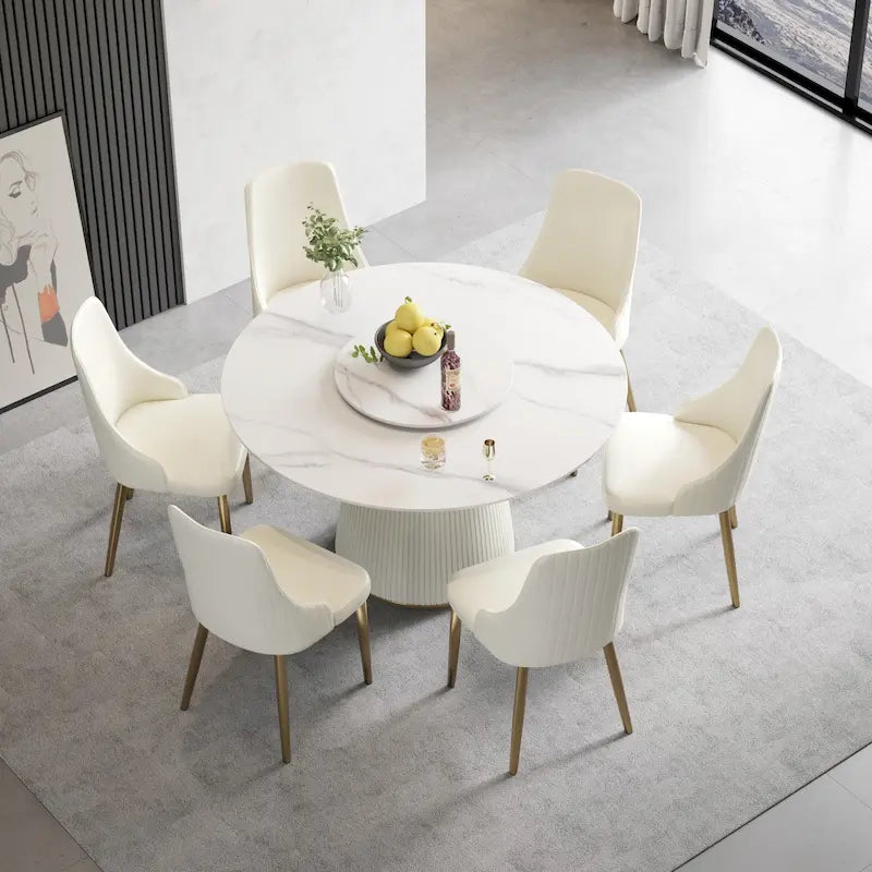 53 Round Dining Table for 6, Modern White Sintered Stone Tabletop with Lazy Susan