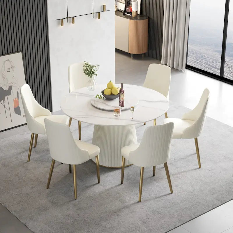 53 Round Dining Table for 6, Modern White Sintered Stone Tabletop with Lazy Susan