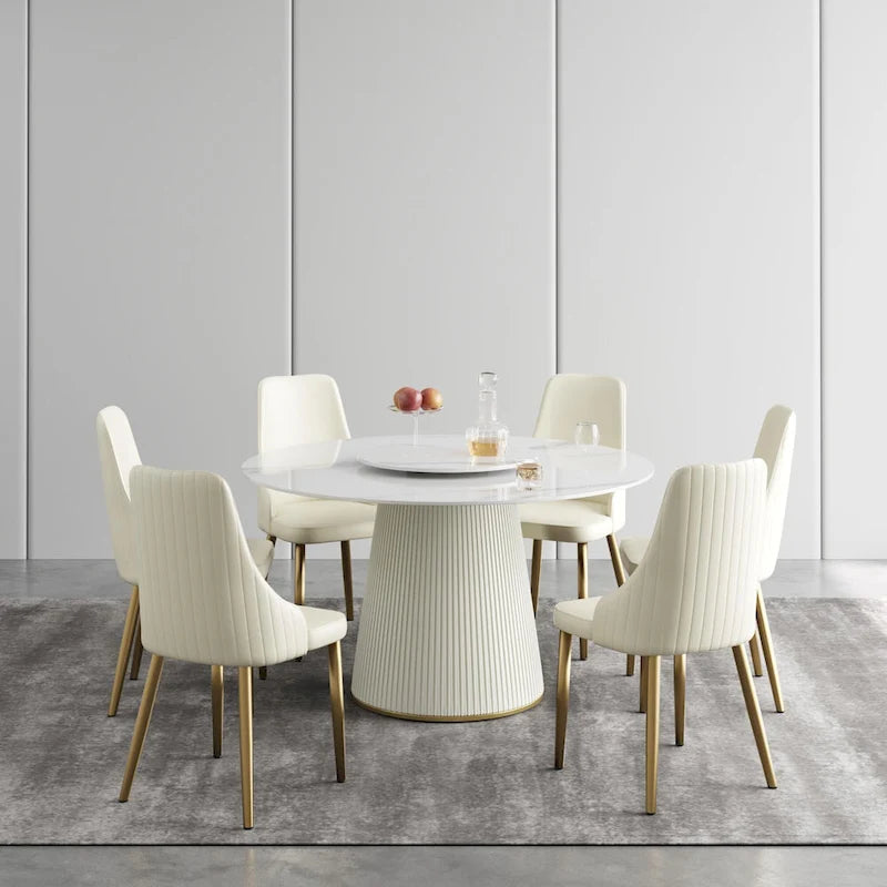 53 Round Dining Table for 6, Modern White Sintered Stone Tabletop with Lazy Susan