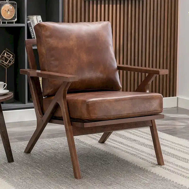 Upholstered Leather Accent Armchair with Solid Wood Frame and Removable Cushions