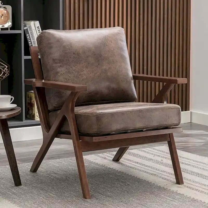 Upholstered Leather Accent Armchair with Solid Wood Frame and Removable Cushions