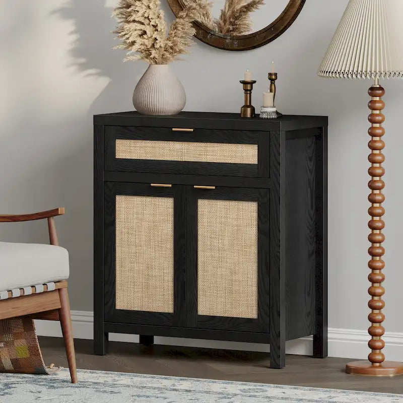Farmhouse Rattan Sideboard Storage Cabinet with Drawer