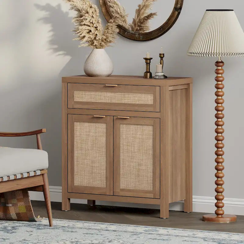 Farmhouse Rattan Sideboard Storage Cabinet with Drawer
