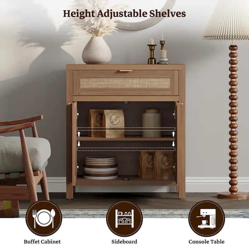 Farmhouse Rattan Sideboard Storage Cabinet with Drawer