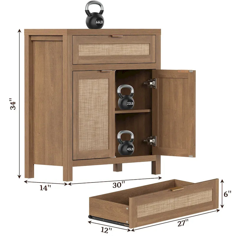 Farmhouse Rattan Sideboard Storage Cabinet with Drawer