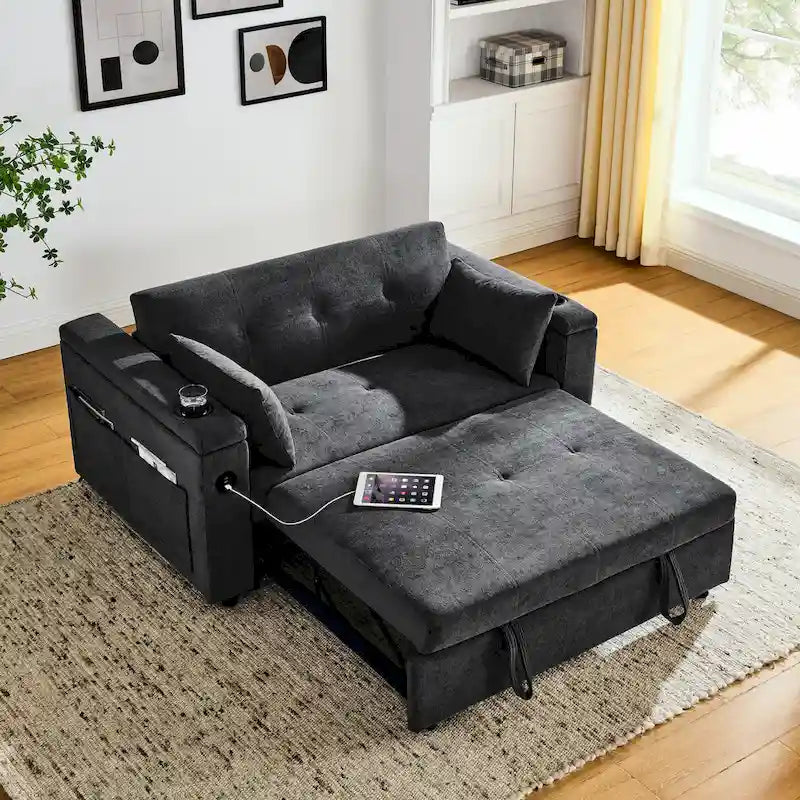 54 Pull-Out Sleeper Sofa Bed with Storage, Adjustable Backrest and USB Port