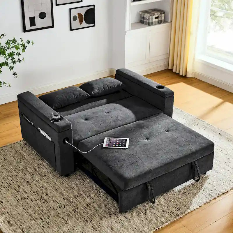 54 Pull-Out Sleeper Sofa Bed with Storage, Adjustable Backrest and USB Port