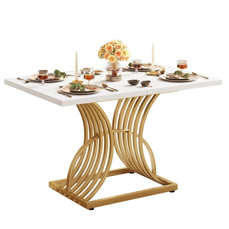 Rectangular Dining Table for 4, White and Gold Kitchen Table Dinner Table