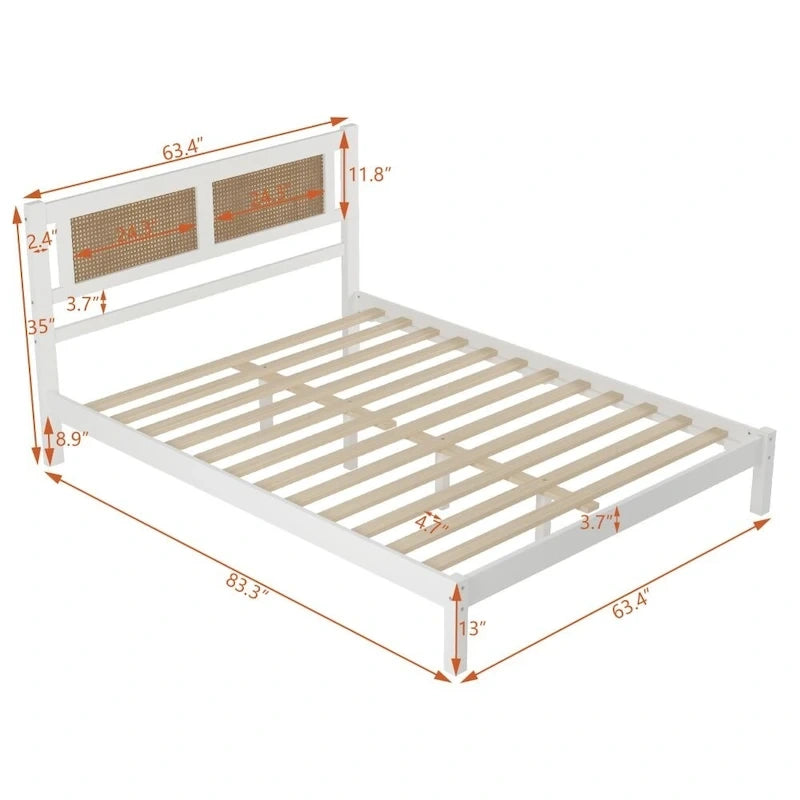 Queen Size Wood Platform Bed with Natural Rattan Headboard,Exquisite Elegance with Minimalist Charm