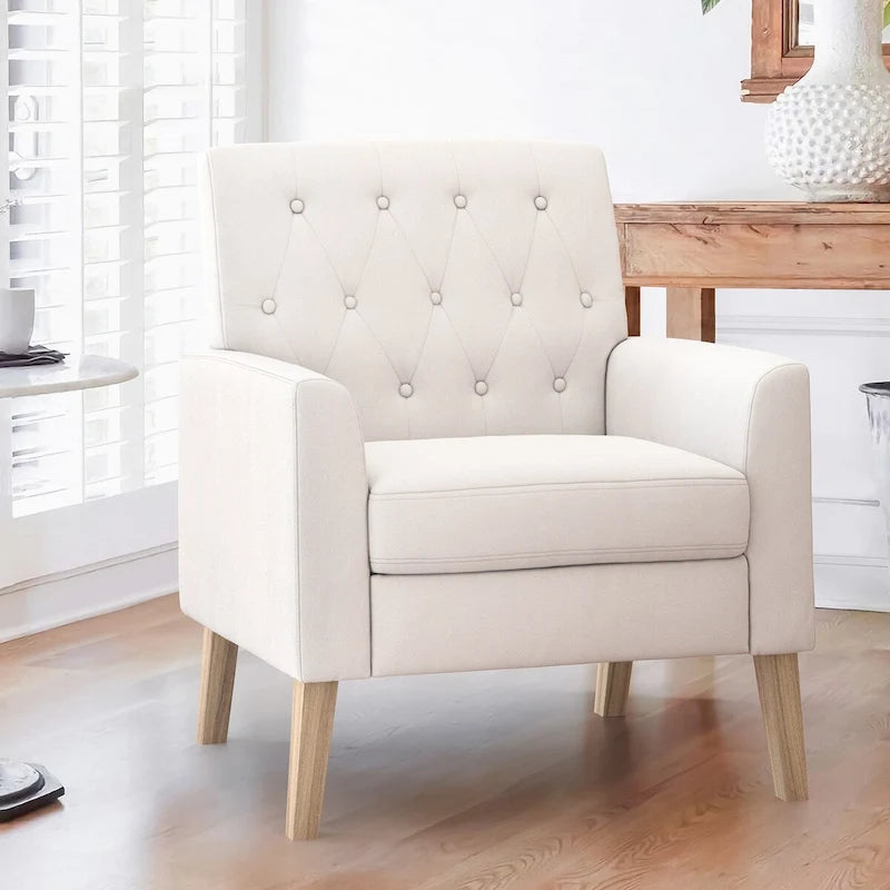Mid-Century Modern Upholstered Linen Fabric Button Tufted Accent Chair - 28.5 W X 27.25 D X 33.75 H