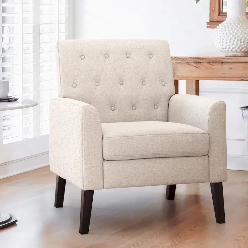 Mid-Century Modern Upholstered Linen Fabric Button Tufted Accent Chair - 28.5 W X 27.25 D X 33.75 H