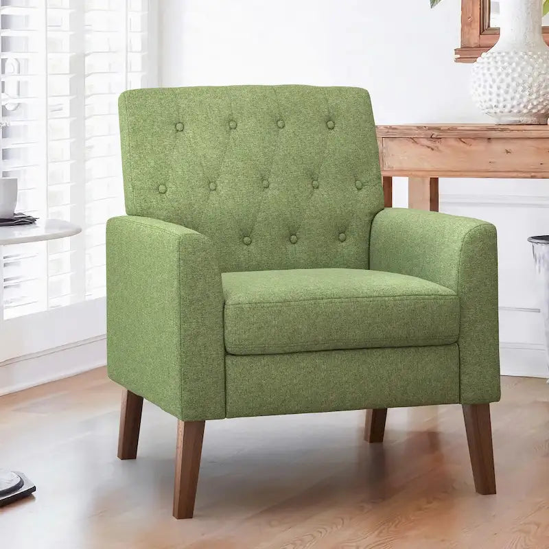 Mid-Century Modern Upholstered Linen Fabric Button Tufted Accent Chair - 28.5 W X 27.25 D X 33.75 H