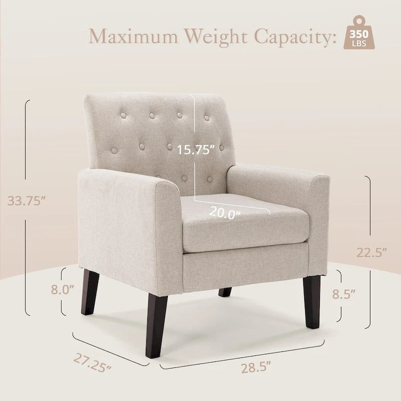 Mid-Century Modern Upholstered Linen Fabric Button Tufted Accent Chair - 28.5 W X 27.25 D X 33.75 H