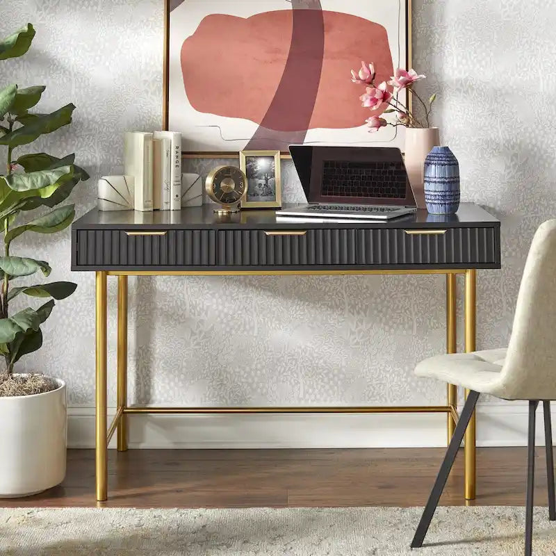 Contemporary 3-Drawer Writing Desk with Gold Metal Legs