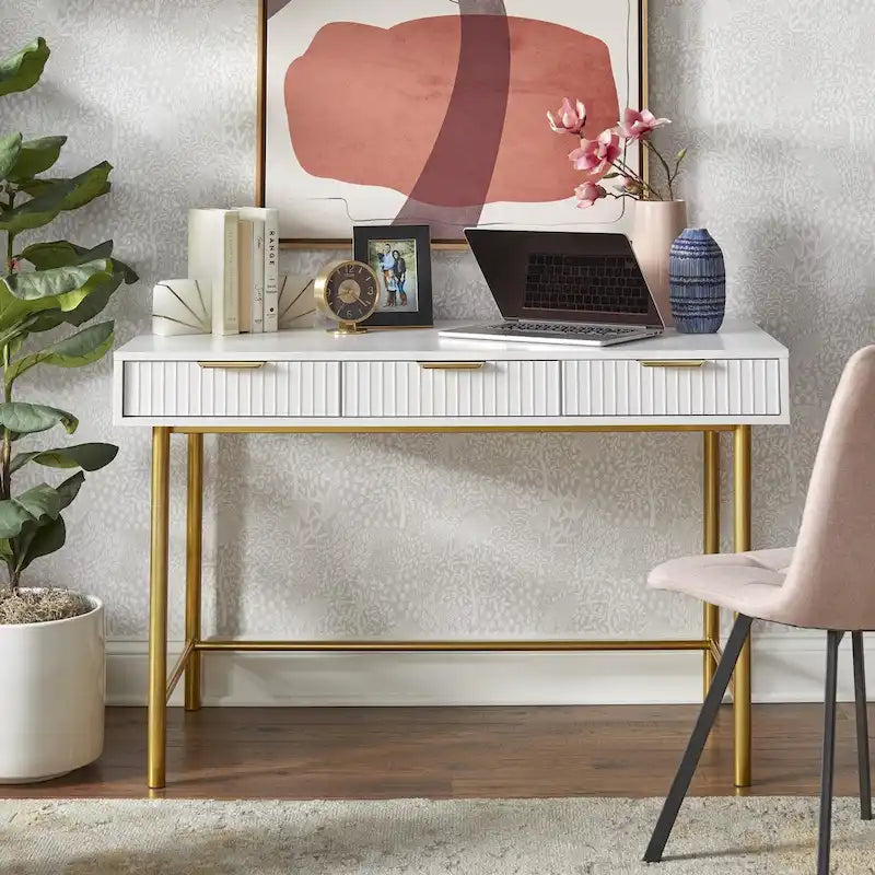 Contemporary 3-Drawer Writing Desk with Gold Metal Legs